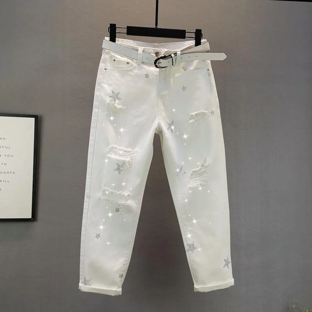 White Black Hole Summer Thin Baggy Jeans Women Streetwear Harajuku Pants Denim Trousers  Hot Drilling Pantalones Mujer