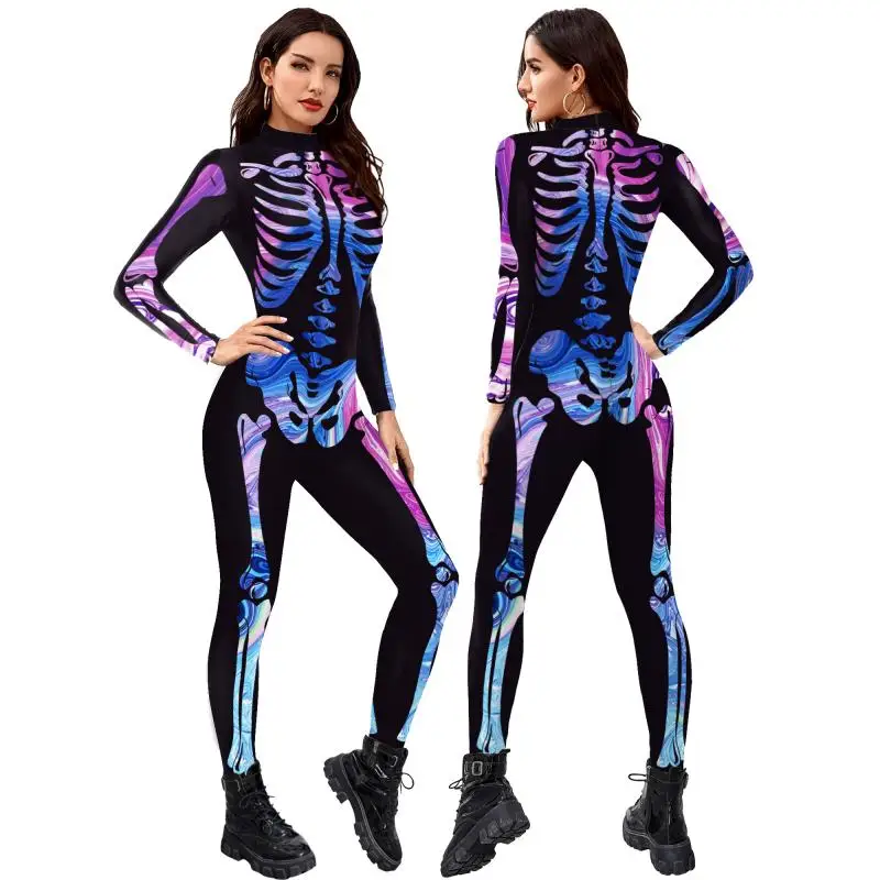 

Color Cosplayer Halloween Party Cosplay Costume Women Skeleton 3D Printed Catsuit Long Sleeve Skinny Jumpsuits Zentai Bodysuits