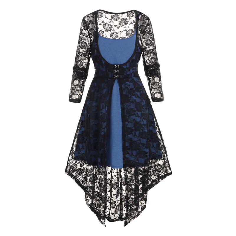 

Dressfo Plus Size Set Plain Shift Mini Dress And Allover Rose Lace Buckle Long Sleeve Asymmetrical Longline Top Set