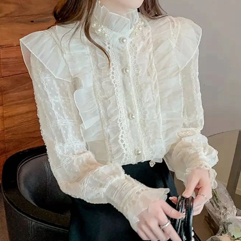 

Autumn Korean Sweet Lace Clothes Ruffled Women Blouses Beading Stand Collar Ladies Tops Vintage Office OL Shirts Female