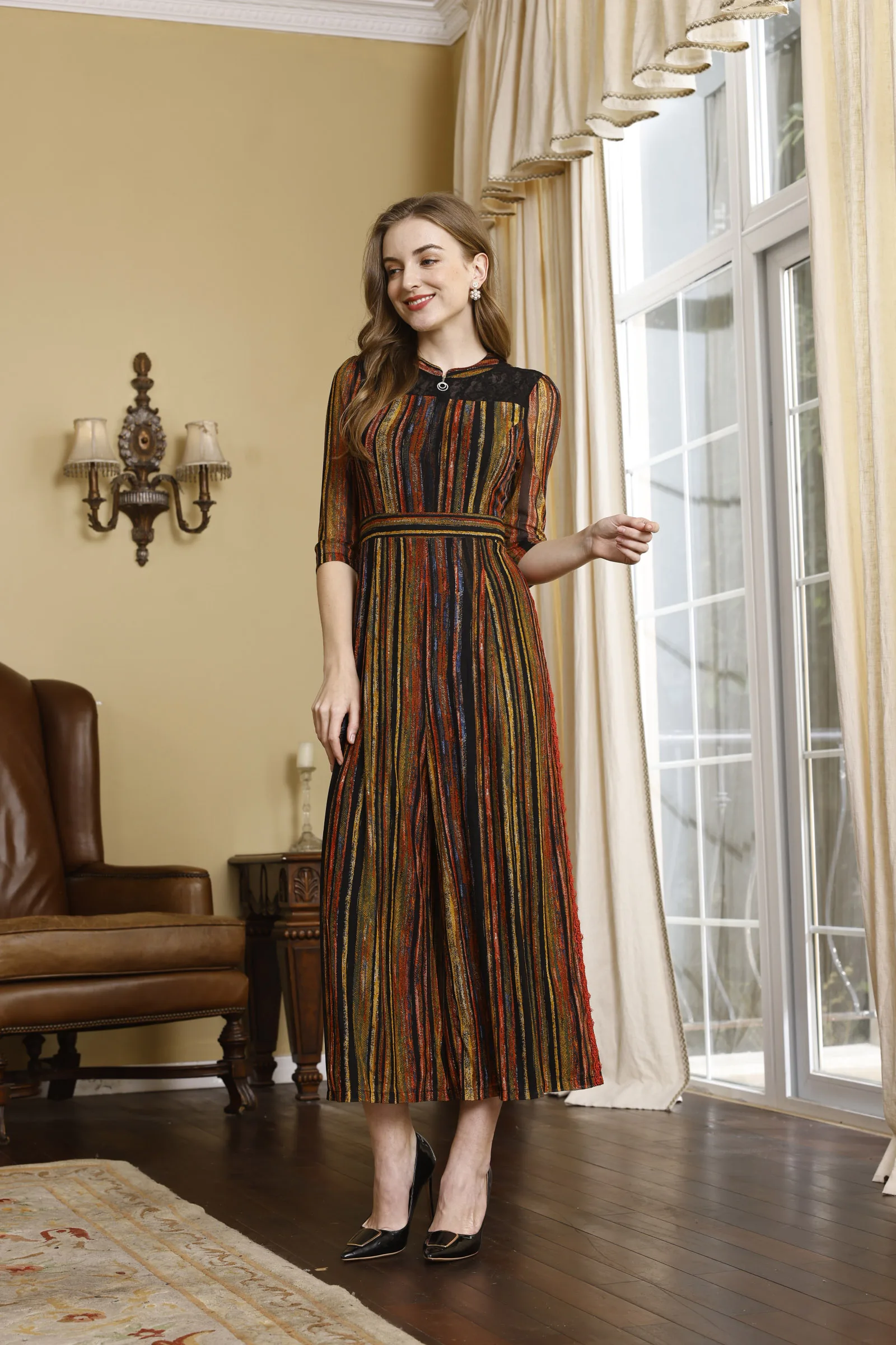 

Casual Luxury Elegant Red Carpet Smart Office O-neck Zipper Three Quarter Sleeves Strips Color JumpSuit Women