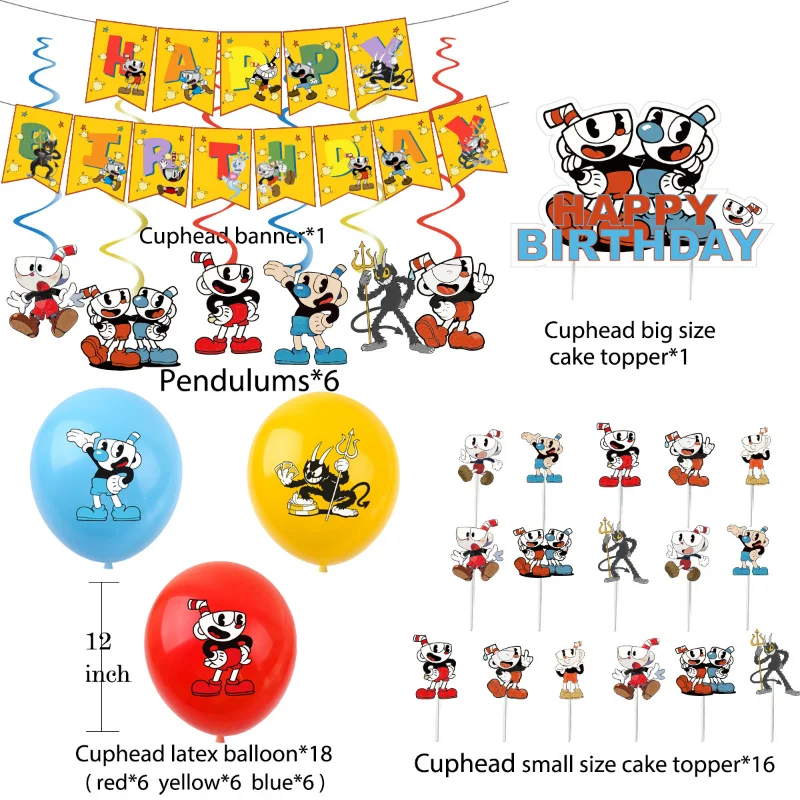 

Cuphead Theme Holiday Birthday Party Decoration Supplies Game Balloon Cake Insert Pull Flag Set Anime Peripheral Gifts