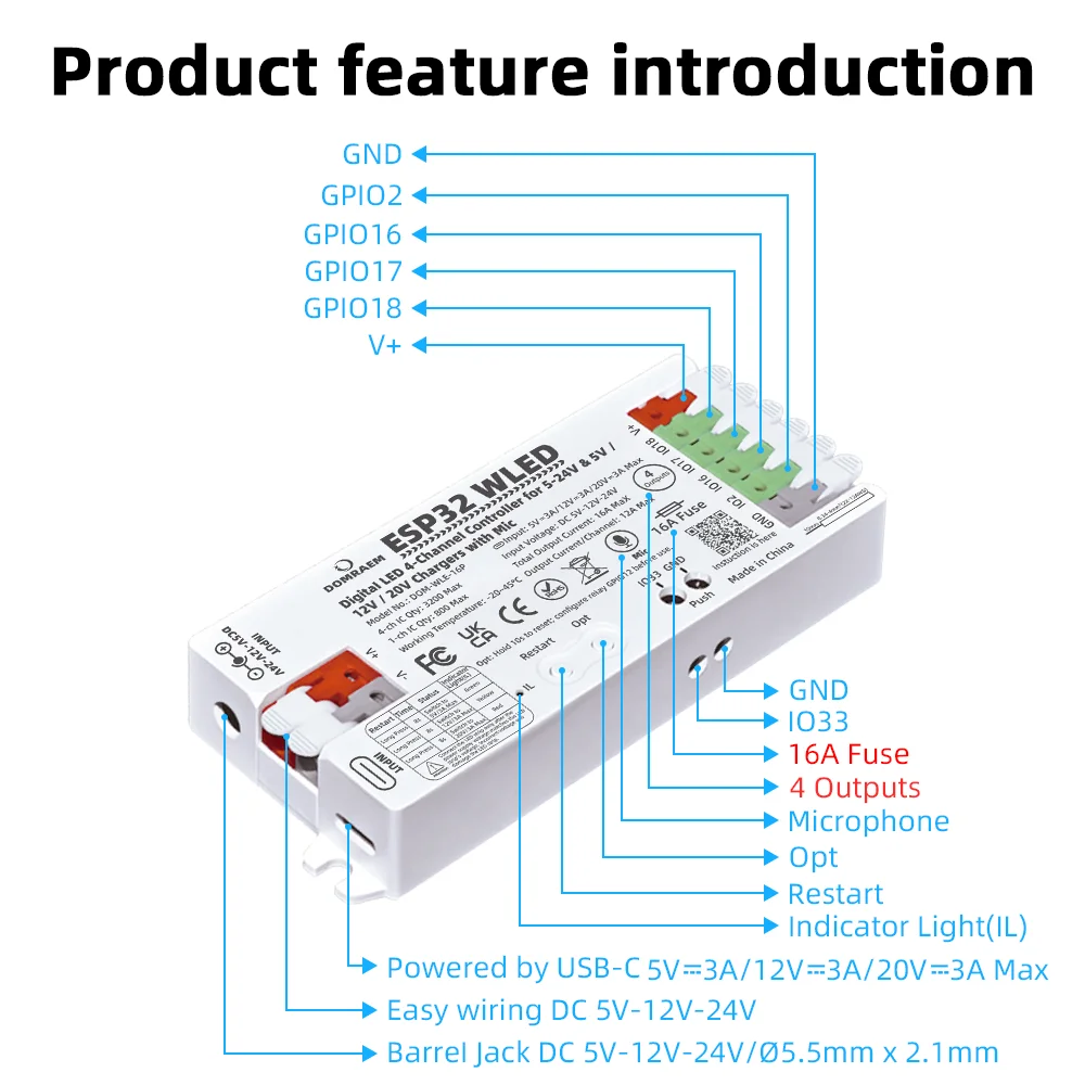 Фото Контроллер DOMRAEM ESP32 WLED, звуковой реактивный микрофон, 4 выхода, 16 А, предохранитель PD 5 В/12 В/20 В постоянного тока 5-24 В для WS281X SK6812 APA102 Pixel Light №3