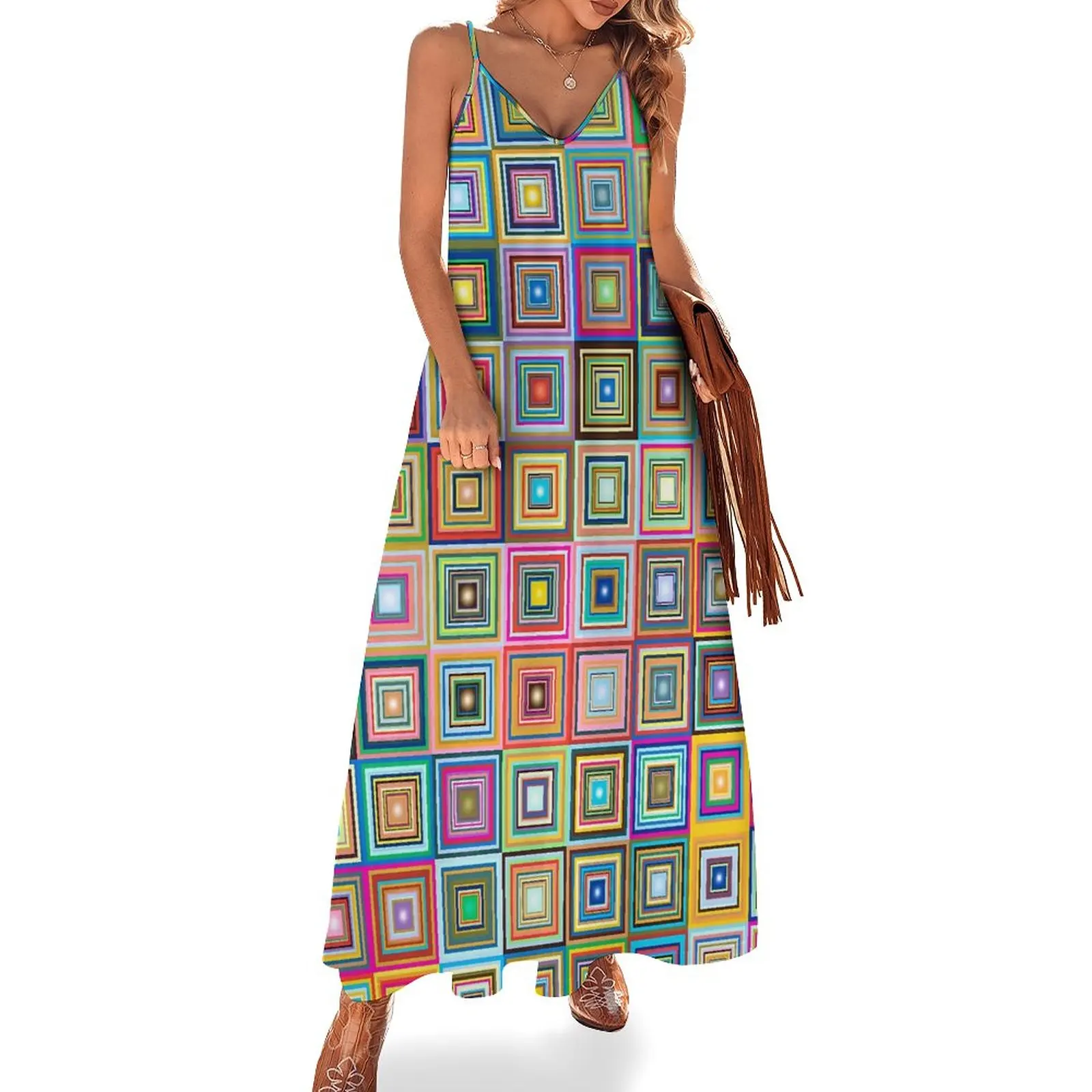 

Fun Retro Square Dress Colorful Tiles Sexy Maxi Dress Strap Street Wear Boho Beach Long Dresses Summer V Neck Big Size Vestidos