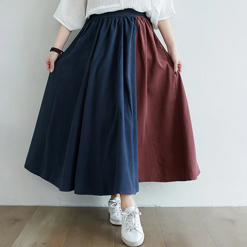 

SuperAen 2022 Summer Oversized Cotton and Linen Elastic Waist A-line Big Swing Mid-Calf Skirts Womens