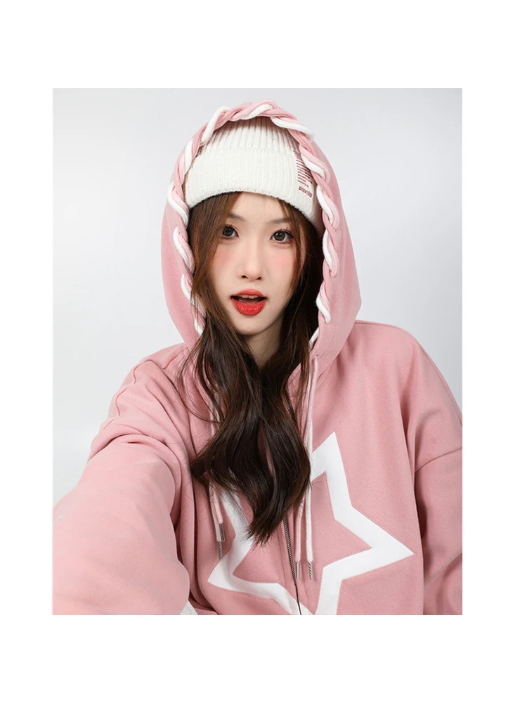 Hip Hop Zip Up Hoodie Jacket Y2K Vintage Star Printing Fleece Hooded Coat 2022 Women Winter Retro Casual Loose Baggy Sweatshirt