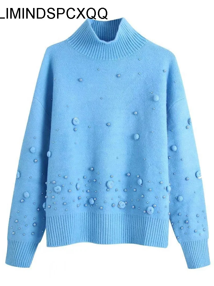 

2022 Women Fashion Knit Sweater with Pompom Sequin Detail Long Sleeves High Neck Casual Woman Knitted Sweaters Pullover