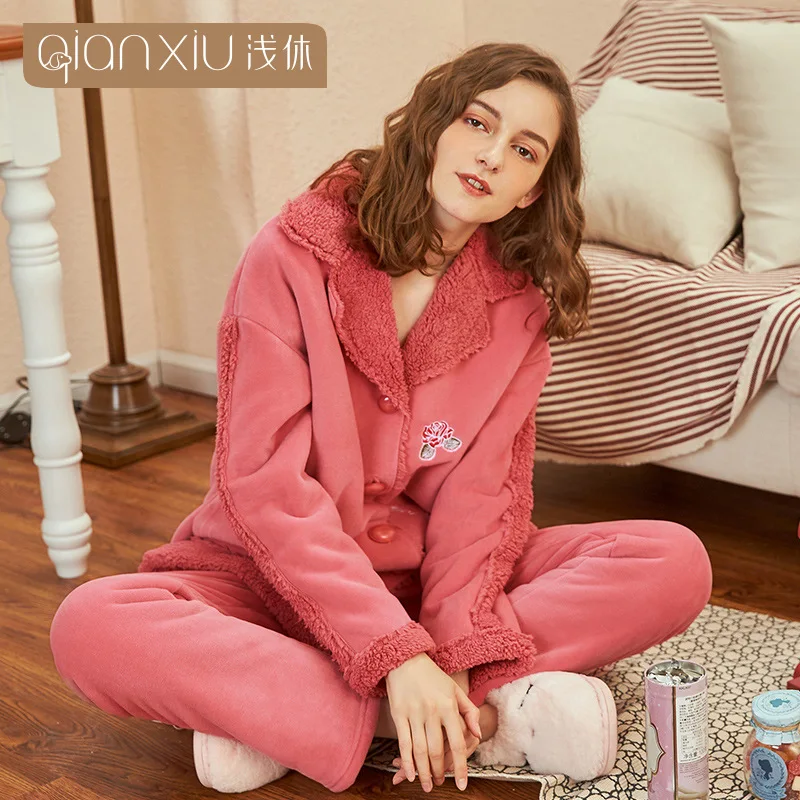 

[480G Lambswool] Women's Winter Babe Cashmere Home Wear Factory Cardigan Lapel Embroidered Women's Pajamas