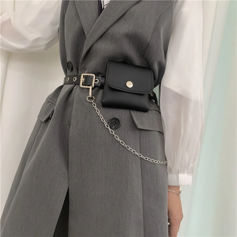 

Women Fashion Waist Pack PU Fanny Pack Punk Y2k Women Gift Belt Bag Phone Chain Bags For Lady Casual Pack Female Purse Black