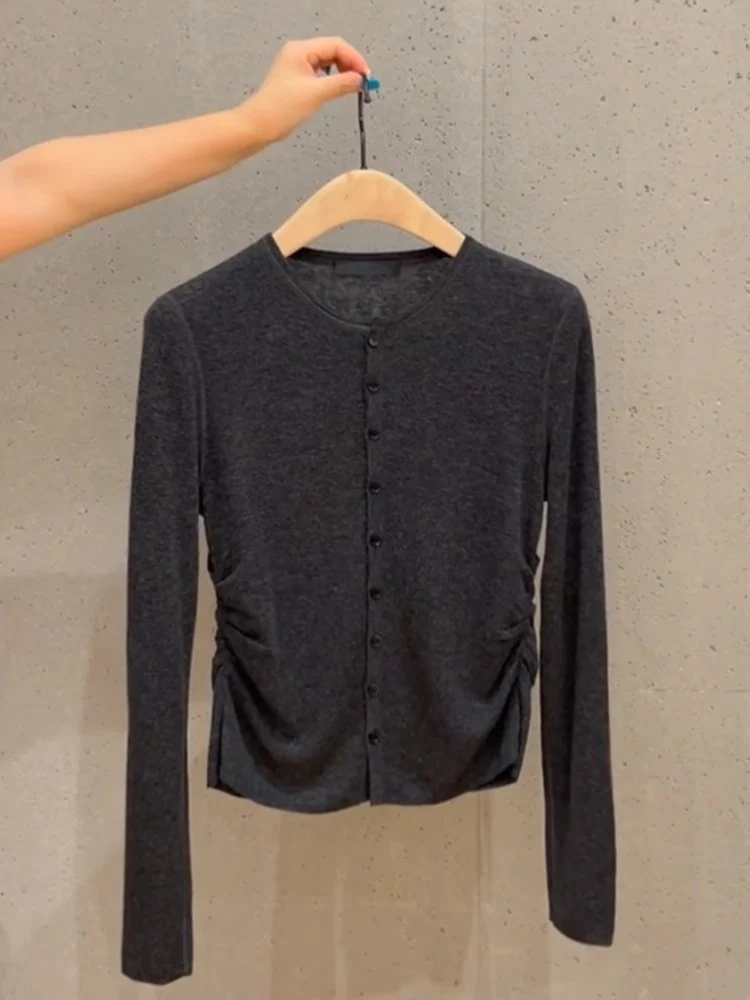 Korean Series Design Sense Chic Dark Gray Top Women Autumn and Winter High Long sleeve Base Knit cardigan Inner wear