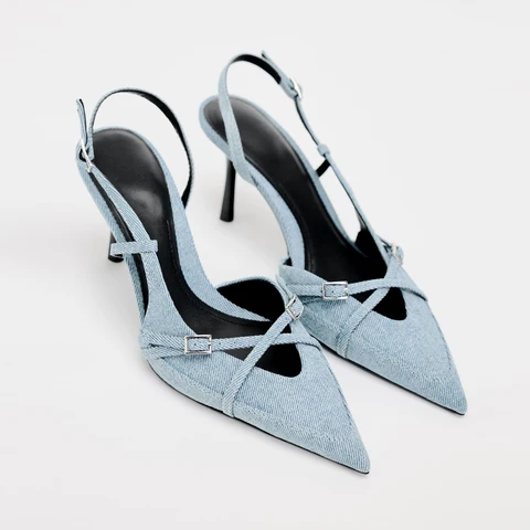 ESVEVA 2024 ZA, пикантные женские туфли-лодочки на высоком каблуке, вечерние туфли-лодочки с острым носком, джинсовые свадебные офисные туфли-лодочки, сандалии синего цвета, размер 34-43