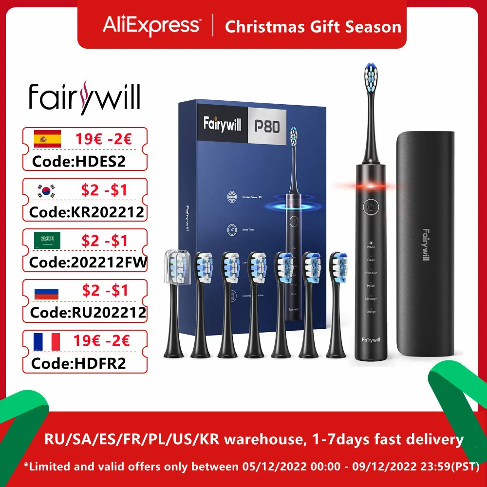 Fairywill Electric Toothbrush P80 with Pressure Sensor Whitening Electronic Toothbrushes USB Rechargeable Smart Timer for Adults