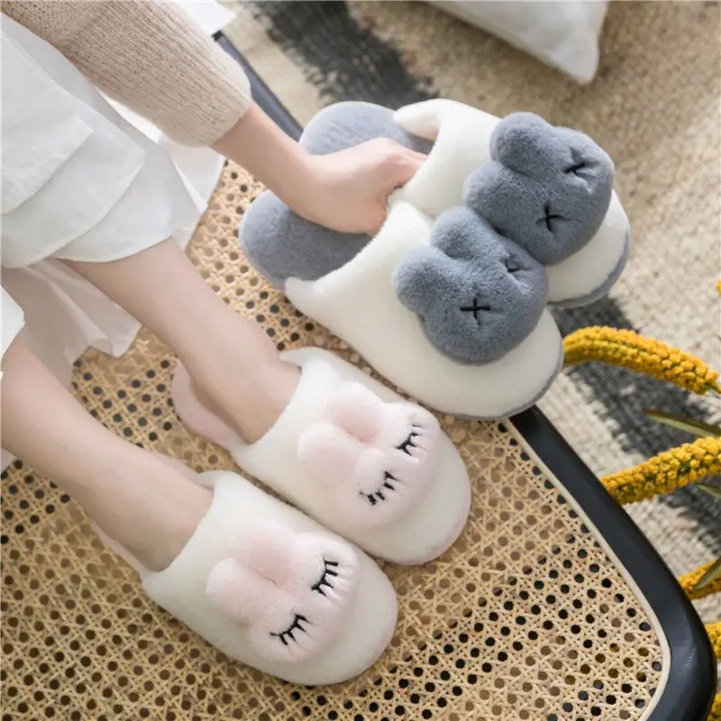 Cute Rabbit Cartoon Home Slippers Women Winter Warm Fur Shoes Men Plush Slipper Couples Indoor Soft Bottom Floor Slippers