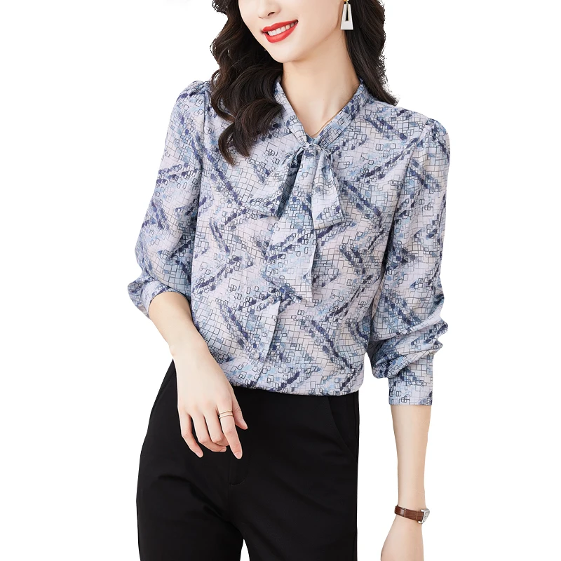 

Simgent Bow Blouse Women Fashion 2022 New Long Sleeve Elegant Work Office Chiffon Print Shirts Woman Tops Blusas SG27284