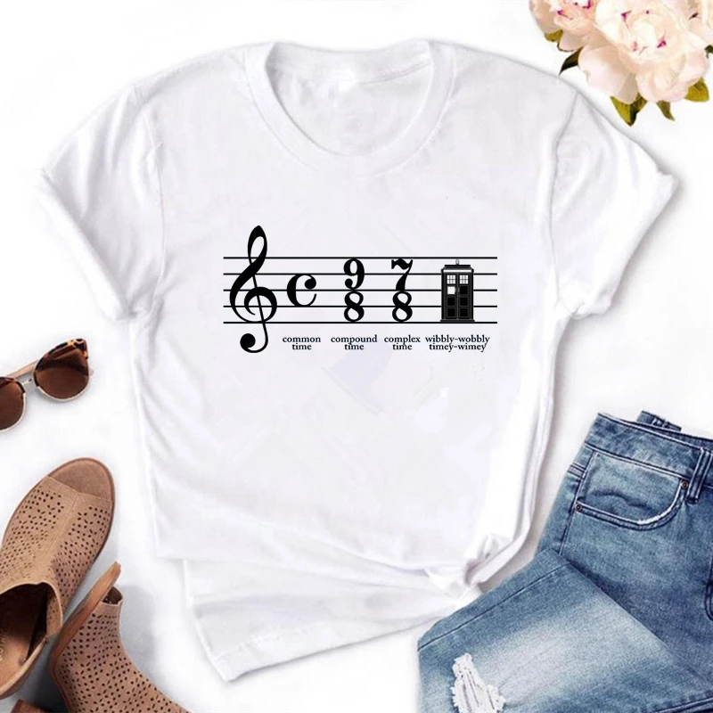 Футболка женская с коротким рукавом круглым вырезом и принтом музыкальных нот