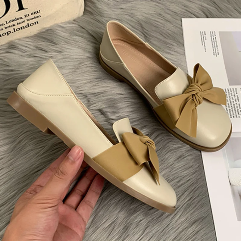 Mr Co Fashion Women Loafers Spring Autumn Slip On Round Toe Flat Single Shoes Ladies British Style Bowknot Leather Casual Shoes