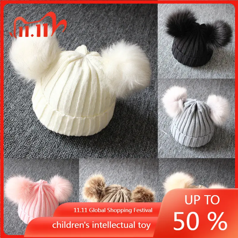 

Winter Warm Boy Girls Natural Fur Ball Beanie Kids Caps Baby Knit Hat Double Faux Fur Pom Pom Hats Two Fur Pompoms Bonnets