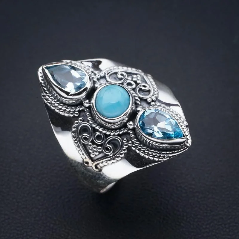 

StarGems Natural Larimar Blue TopazHandmade 925 Sterling Silver Ring 10.5 F0690