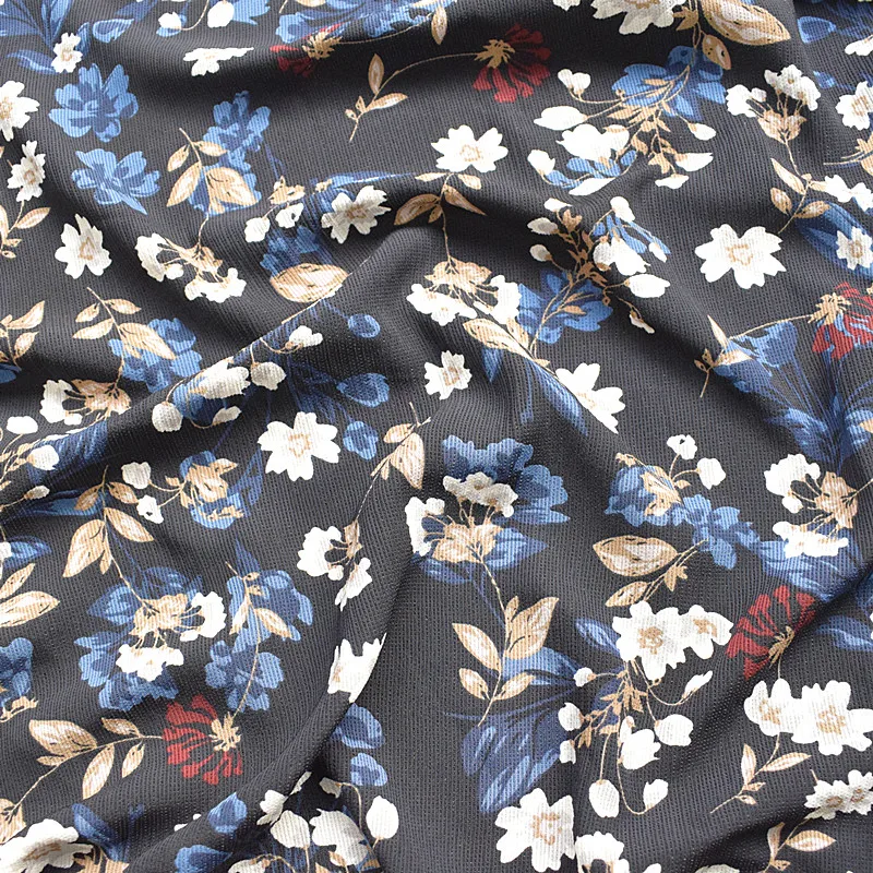 

High Quality Special Hemp Chiffon Spring And Summer Printed Fabric Black Bottom Plant Flower Impermeable Clothing