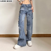 female casual high waist wide leg jeans patchwork streetwear vintage washed straight loose cargo denim pants with multi pockets