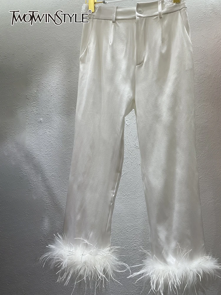 

TWOTWINSTYLE свободные широкие брюки для женщин с высокой талией однотонные минималистичные лоскутные брюки с перьями Женская весенняя одежда 2022