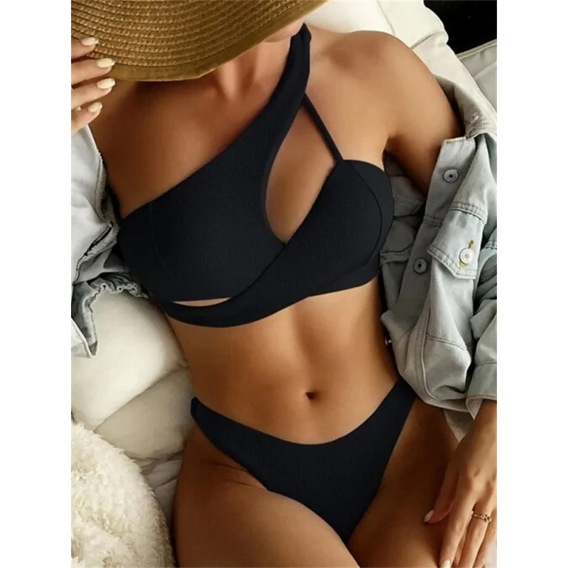 

Женский купальник, новинка 2023, бикини с высокой талией, комплект бикини из двух предметов, летние купальные костюмы для девочек, однотонный черный купальник на одно плечо