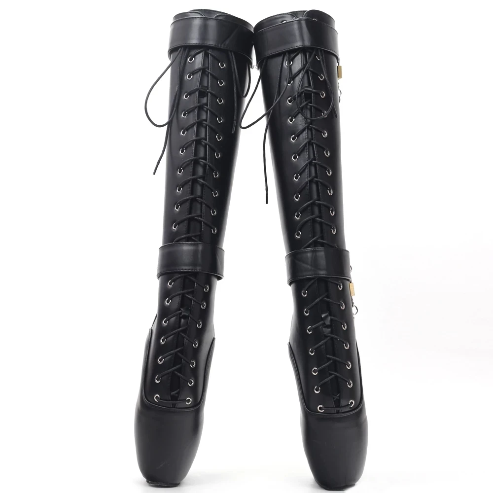 Sexy Hoof Heel Knee-high Boots Pointed Toe Lockable Ballet Boots With Lock Plus Size 36-46