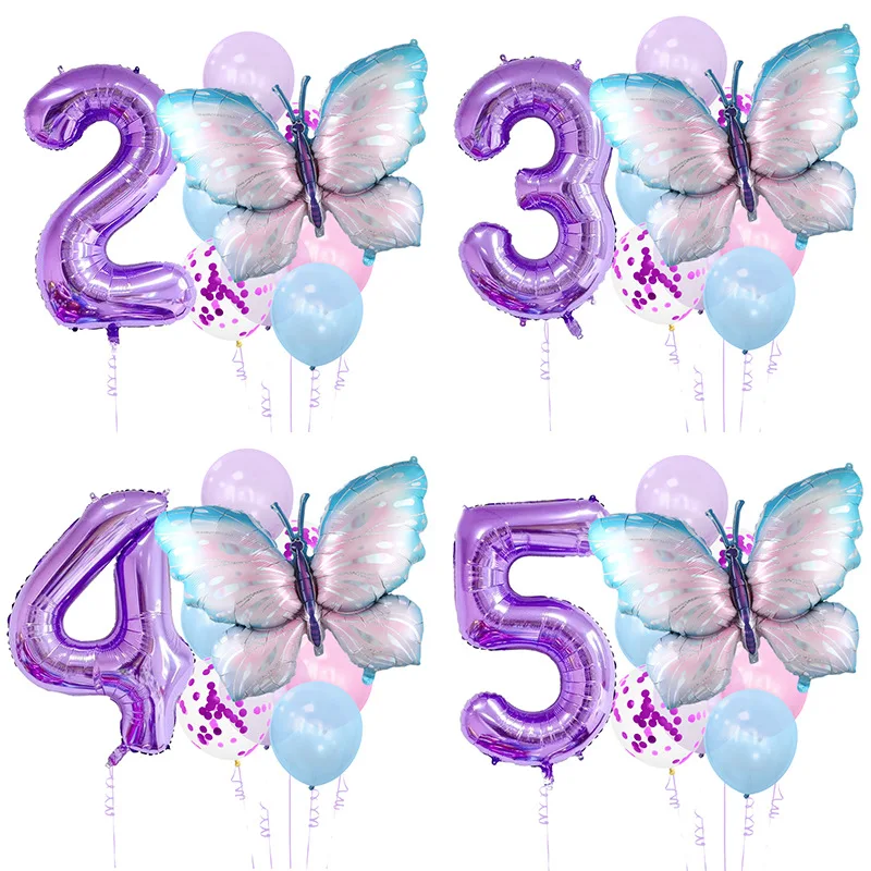 

Purple Butterfly Balloons with 32inch Giant Purple Number Balloons Happy Birthday Globos Children's Girls Birthday Decorations