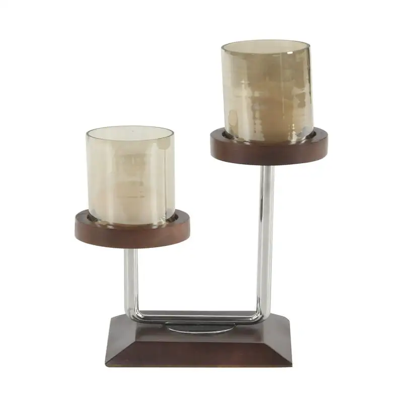 

17 X 9 Inch Wood, Stainless Steel, And Glass Two-Light Candle Holder