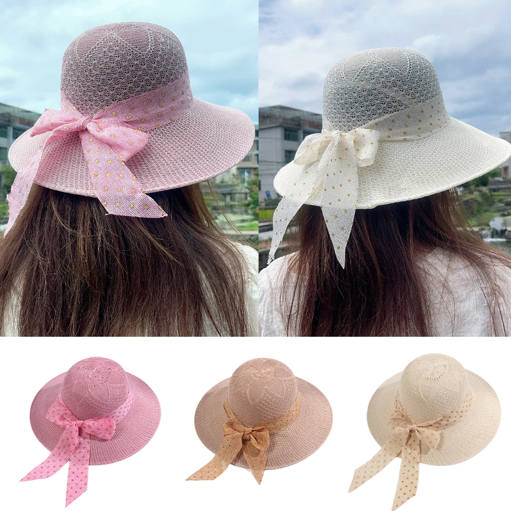 

Summer Girls Sun Hats Wide Brim Bowknot Straw Hat With Ribbon Outdoor Sun Protection Women Hats Solid Color Ladies Panama Caps