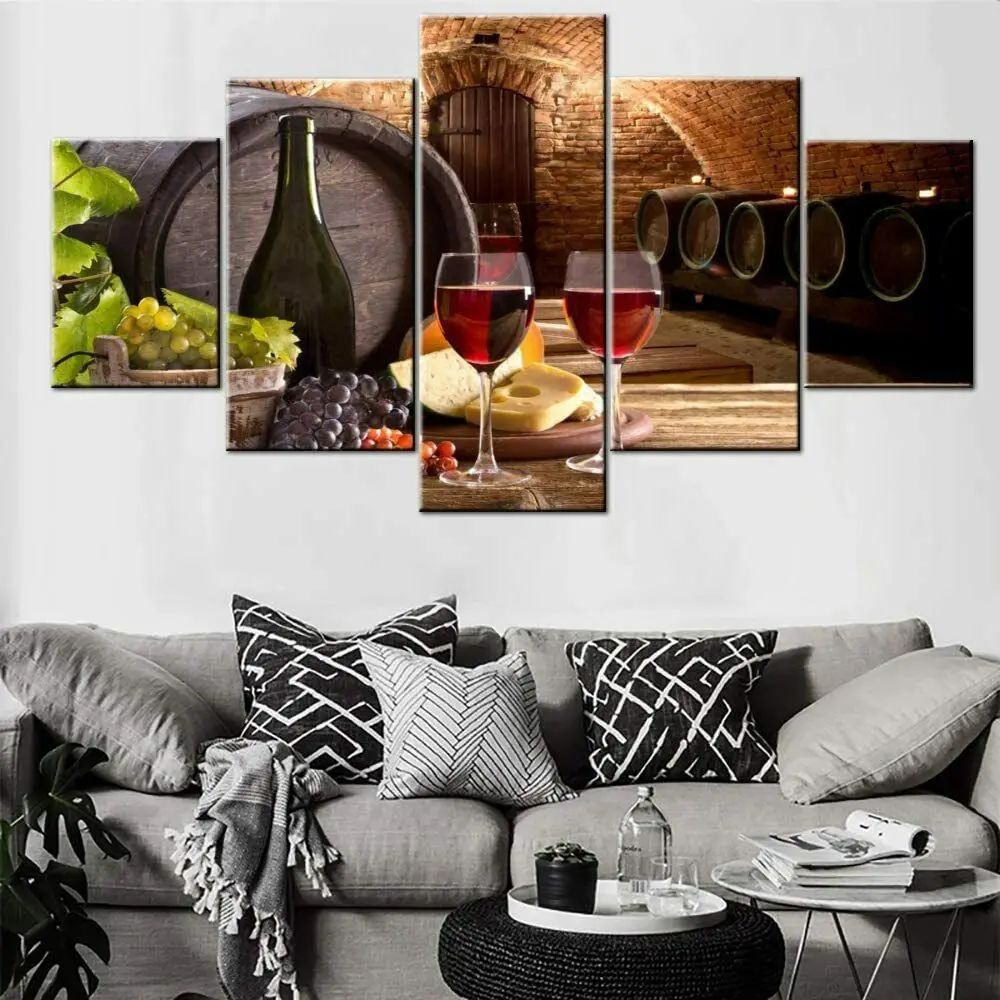 

No Framed Canvas 5 Panel Red Wine Cellar Barrel Fruit Grape HD Printed Wall Art Posters Pictures Bedroom Home Decor Paintings