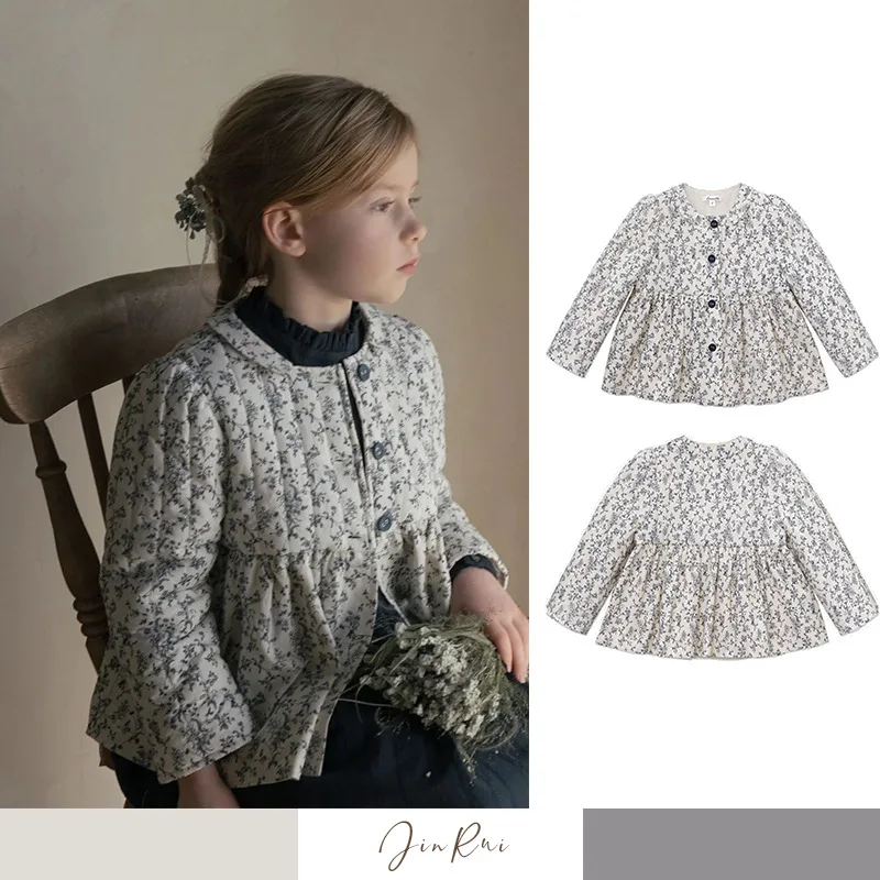 

Pre Sale -2023 Autumn and Winter LOU Blue Fragmented Flower Warm Long Sleeved Cotton Coat Girls' Cotton Coat