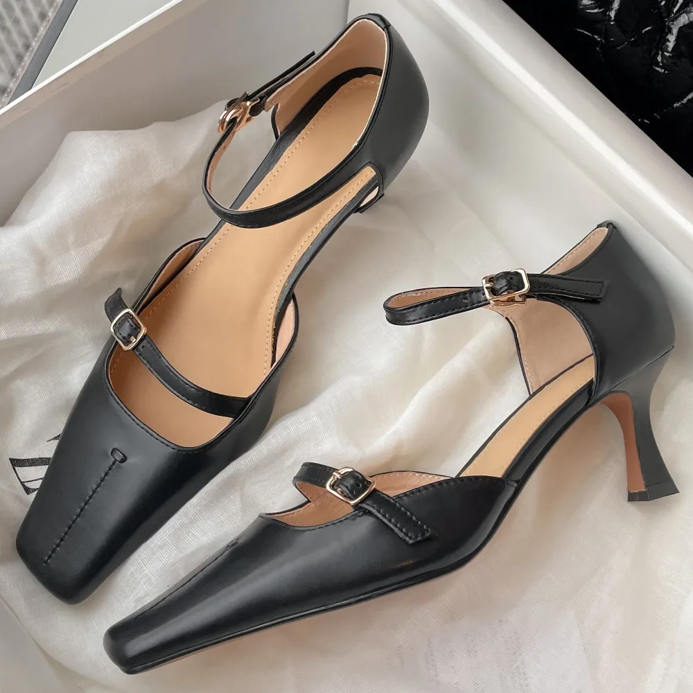 

Босоножки женские из натуральной кожи на высоком каблуке 6 см, элегантные туфли-лодочки с квадратным носком и ремешком на щиколотке, украшение с двойной пряжкой