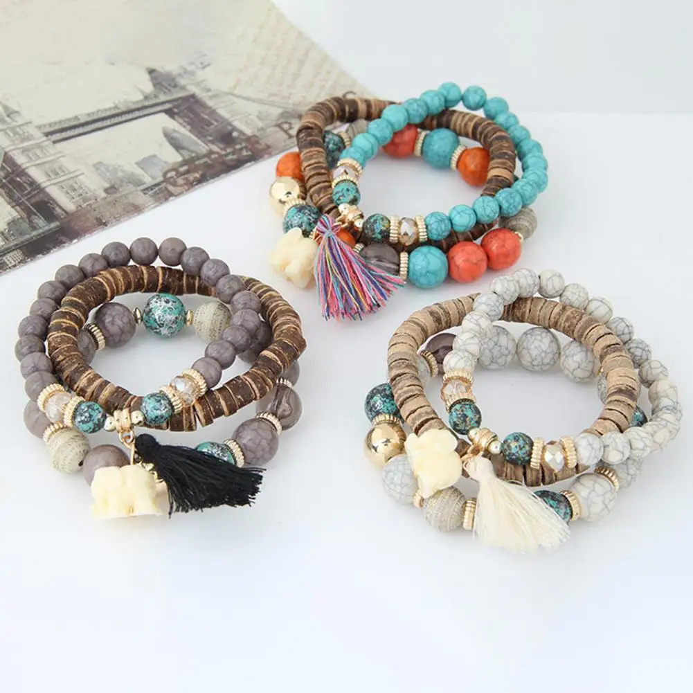 

3Pcs/Set Elastic Rope Multilayer Resin Women Bracelets Women Bohemia Elephant Tassel Beads Bracelets Jewelry Accessory