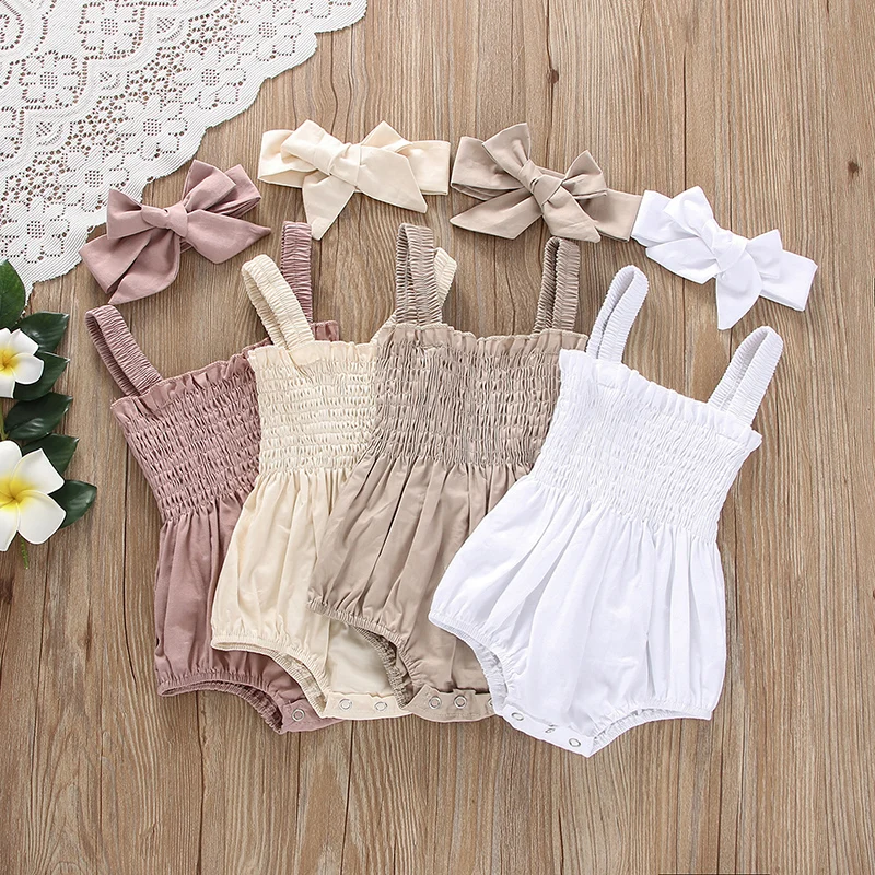 

Baby Summer Jumpsuit Outfit Solid Color Ruched Toddler Girl Casual Sleeveless Suspender Rompers and Headband