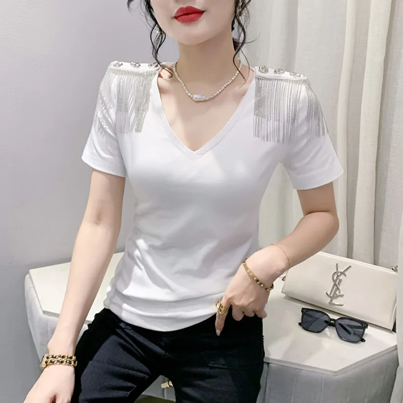 # 5575 Черная зеленая белая офисная футболка женская эластичная хлопковая с