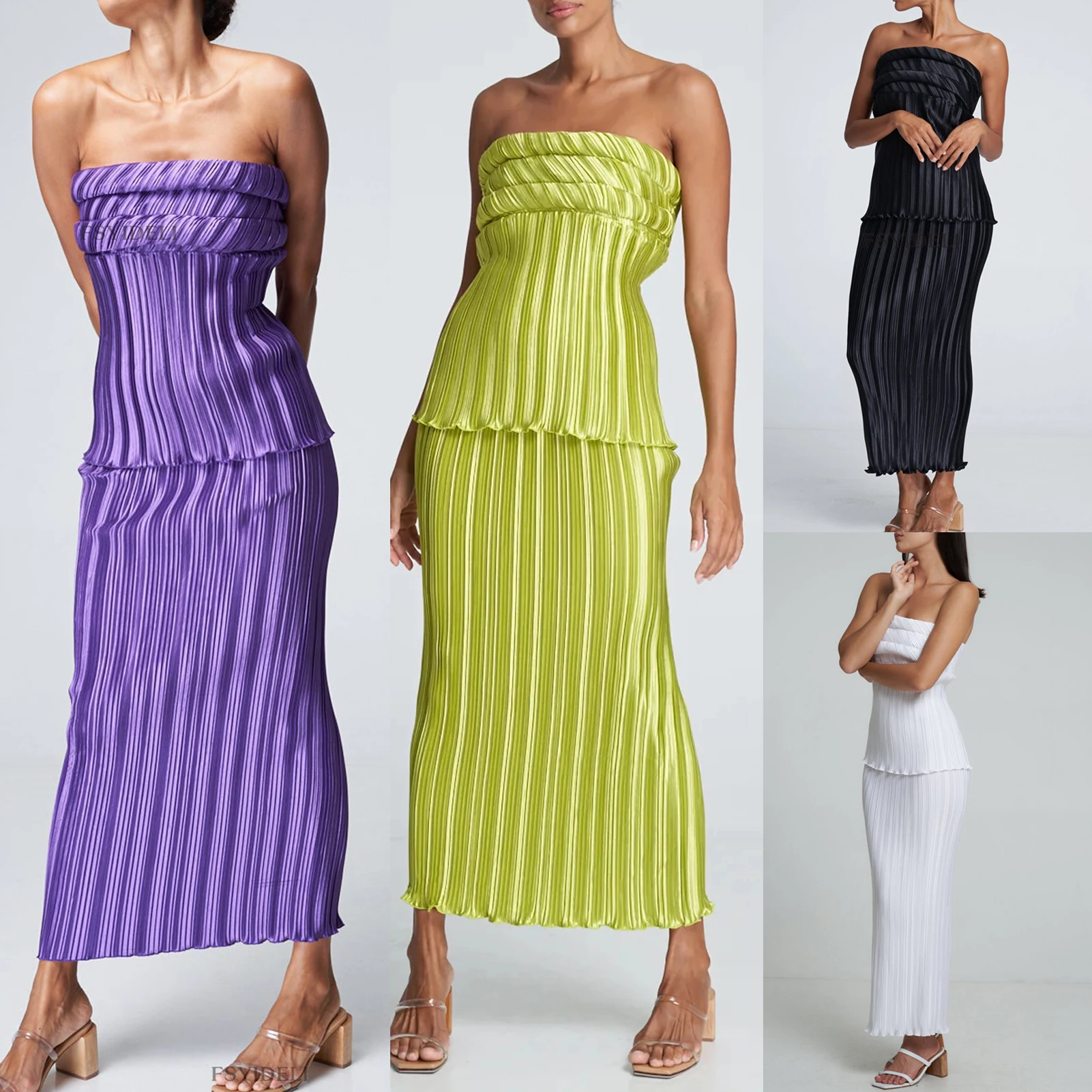 

Off Shoulder Ladies Pleated Maxi Skirt Set Sleeveless Women Strapless Top Long Skirt Elegant Style Slash Neck Vacation Suit
