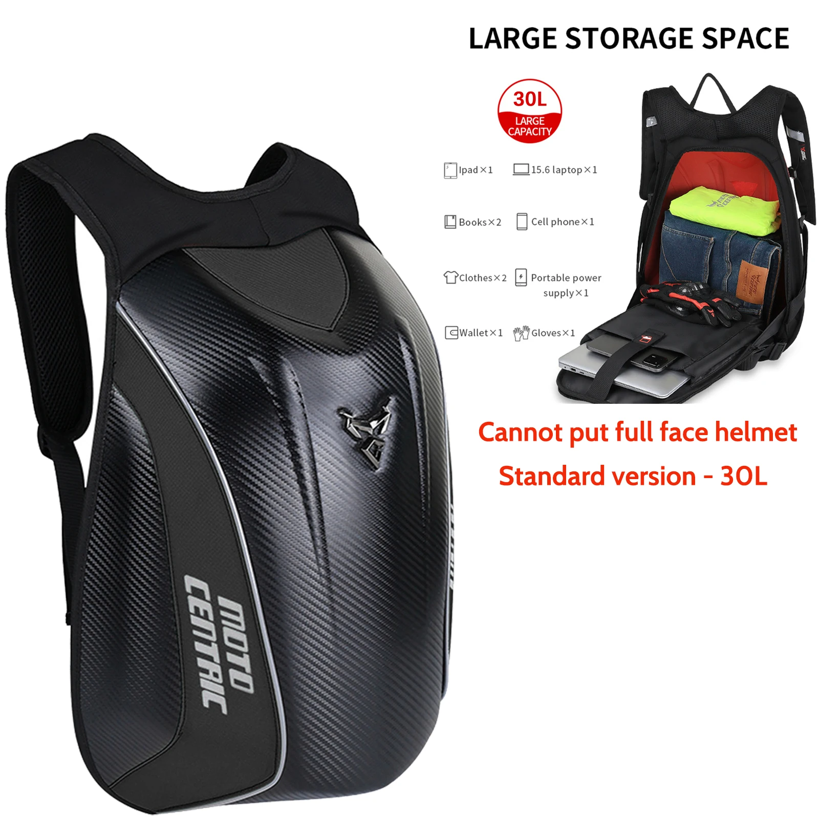 

MOTOCENTRIC большой вместительный мотоциклетный рюкзак, водостойкий светоотражающий твердый корпус из углеродного волокна, сумка для шлема для мотокросса для мужчин и женщин