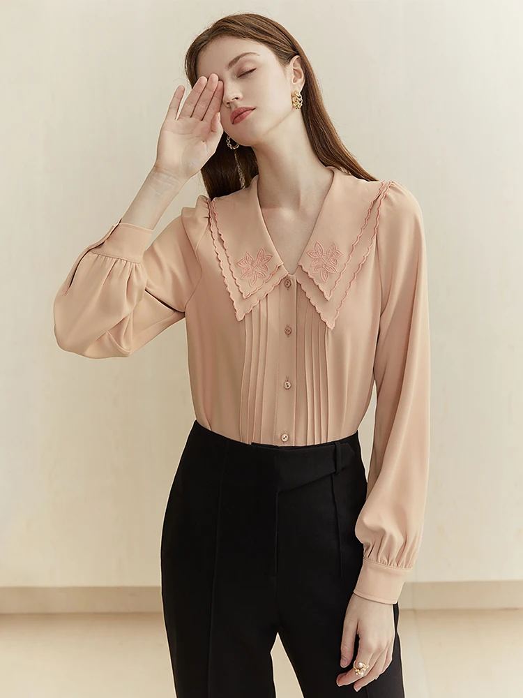 Шифоновая Блузка с цветочной вышивкой FSLE рубашка Женская двухслойная