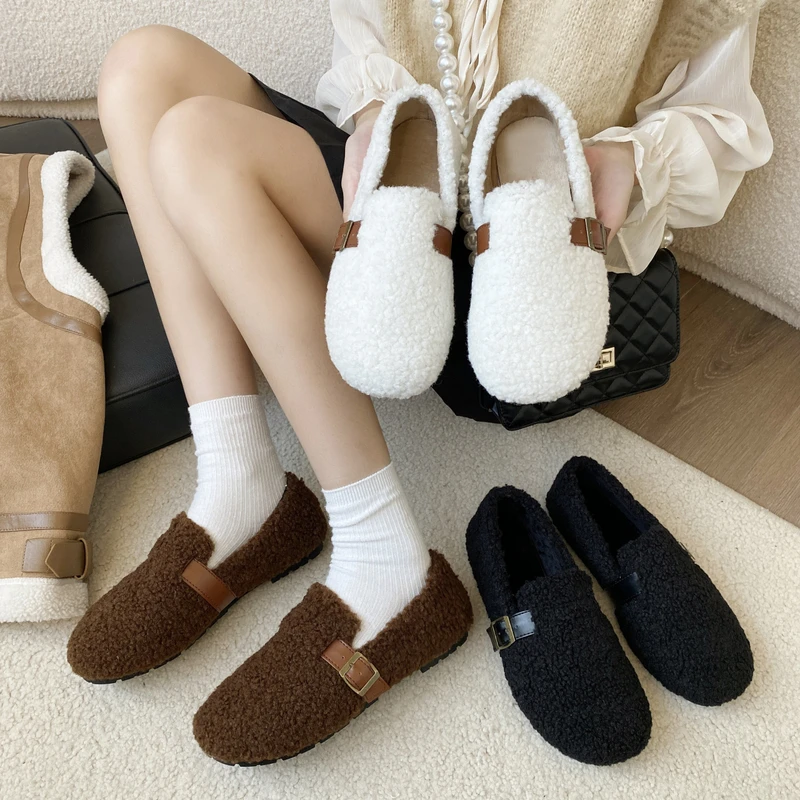 

Women Round Toe All-Match Autumn Female Shoes Casual Sneaker Shallow Mouth Loafers Fur Slip-on Winter New Fall Dress Moccasin Sl