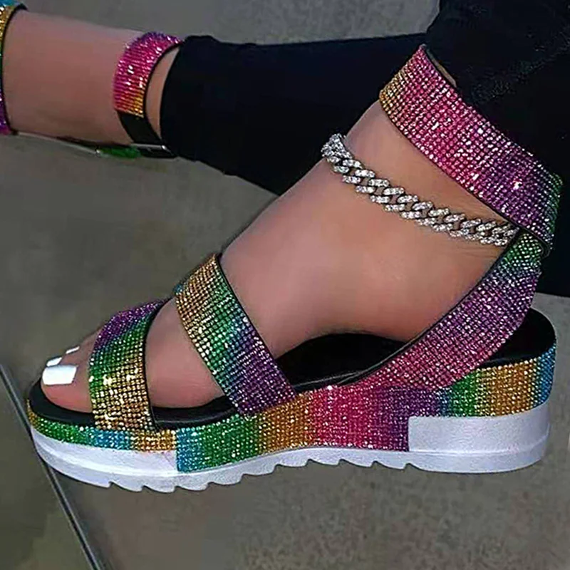 

Summer 2022 Crystal Bling Sandals Women's Thick Bottom Wedges Ladies Comfort Footwear Plus Size 36-43 Female Beach Shoes White