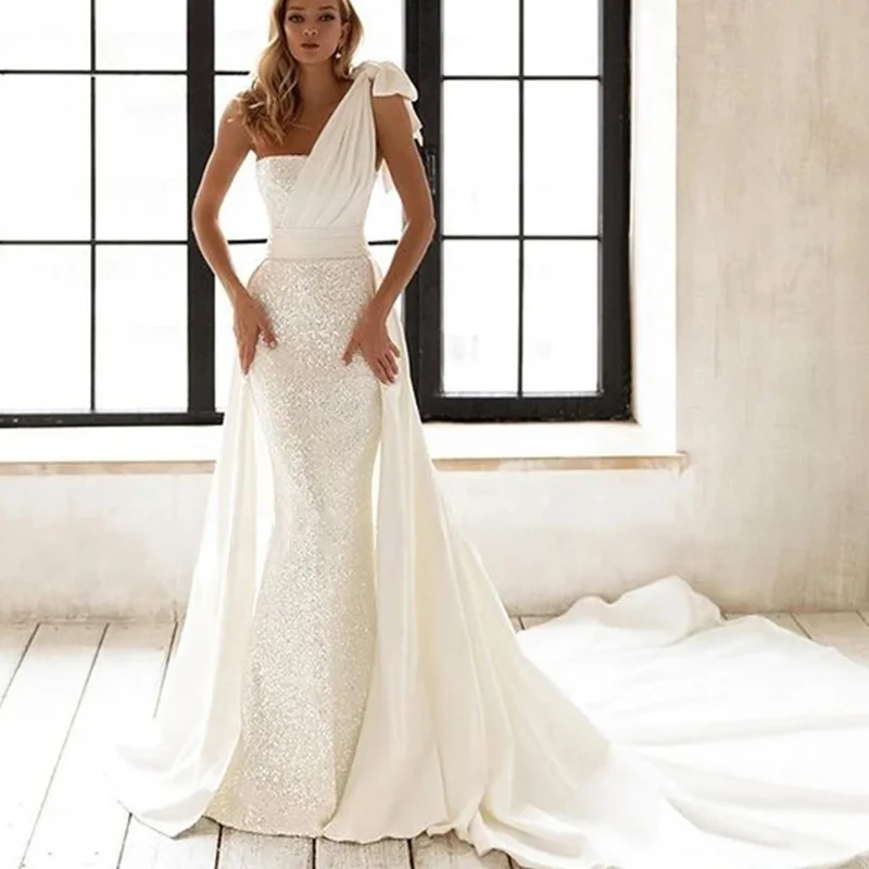 

Wholesale Glittter Long Boho Wedding Dresses for Women 2023 One Shoulder Boat Neck Beach Gowns Princess Bridal Gown with Bow