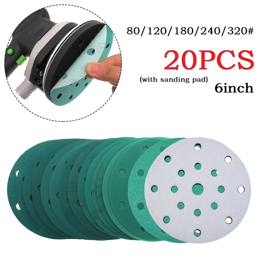 

20pcs 6Inch 17Hole Sanding Discs Hook Loop PET Film Green Sandpaper With Sanding Pad For Polishing Furniture Wood Tools Parts