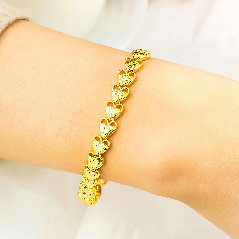

24K Gold Plated Cuban Love Heart Pendant Bracelets for Women Bride Girlfriend Golden Bangle Bracelets Fashion Jewelry Gifts