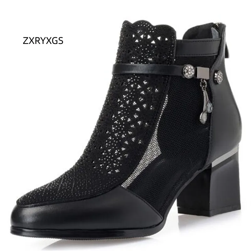 

ZXRYXGS 2023 Summer Women Sandals Genuine Leather Mesh Rhinestone Shoes Woman Shoes Sandals Plus Size Breathable Fashion Sandals