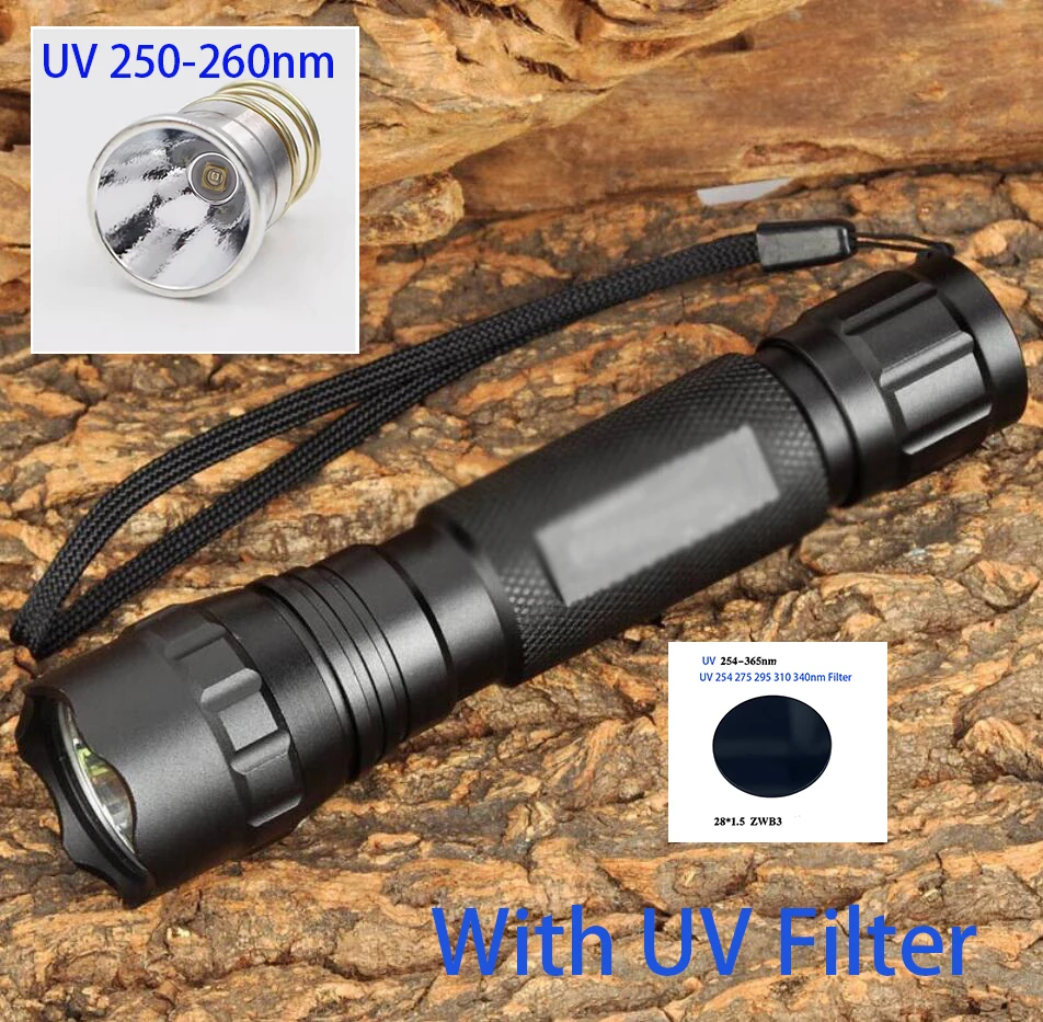 Фото 5W UVC LED 255нм 254нм 275нм 310нм 340нм Коротковолновый фонарик с фильтром для дезинфекции флуоресцентных минералов и камней №1
