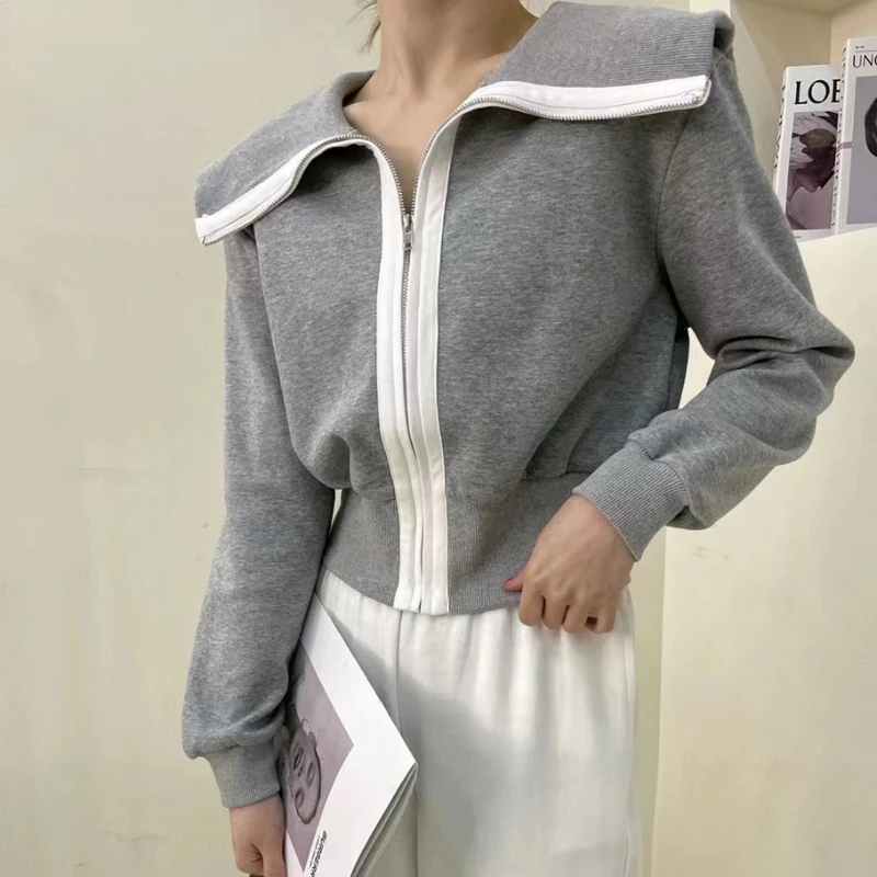 

European Fashion Navy Collar Waist Short Coat Women's 2022 Spring New Foreign Style Slim Zipper Cardigan