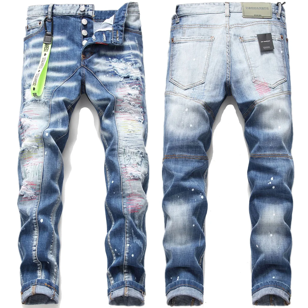 European Style DSQUARED2 Brand Mens Jeans 2022 Mens Fashion Casual Slim Denim Pants Biker Hole Hip Hop Embroidery Elastic Jeans