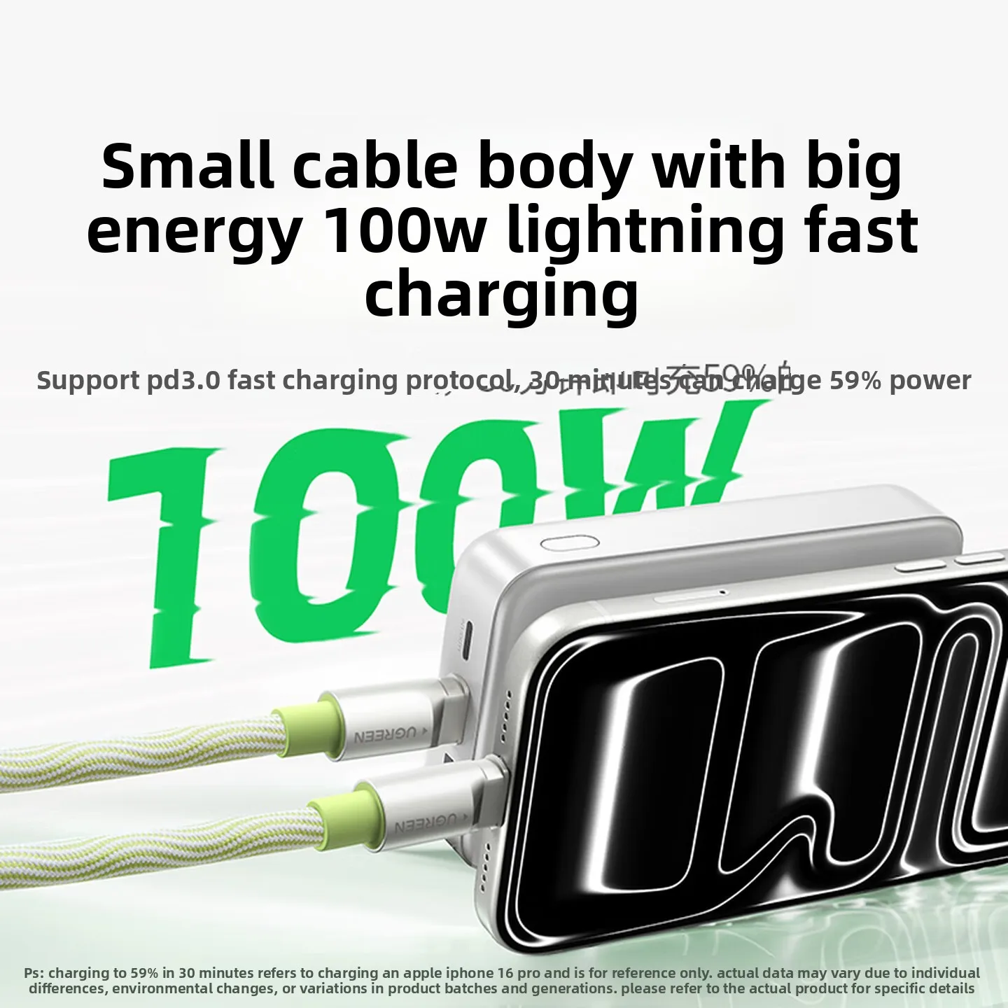Фото UGREEN Портативный USB-кабель Type-C на Type-C с ремешком, быстрая зарядка PD100W, передача данных для Apple iPhone 17, iPad, Macbook, зарядное устройство Android 5A №2