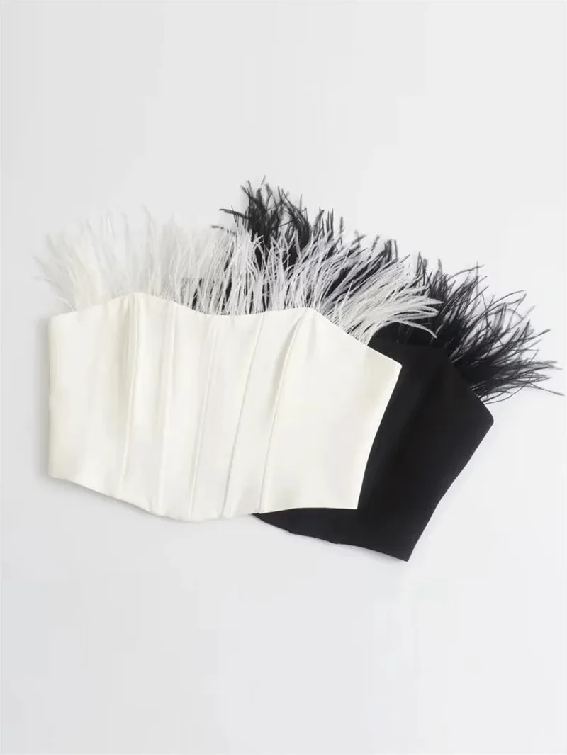

Women Sexy Fashion With Feathers Fitted Crop Bustier Vintage Strapless Back Metal Hook Female Camis Mujer